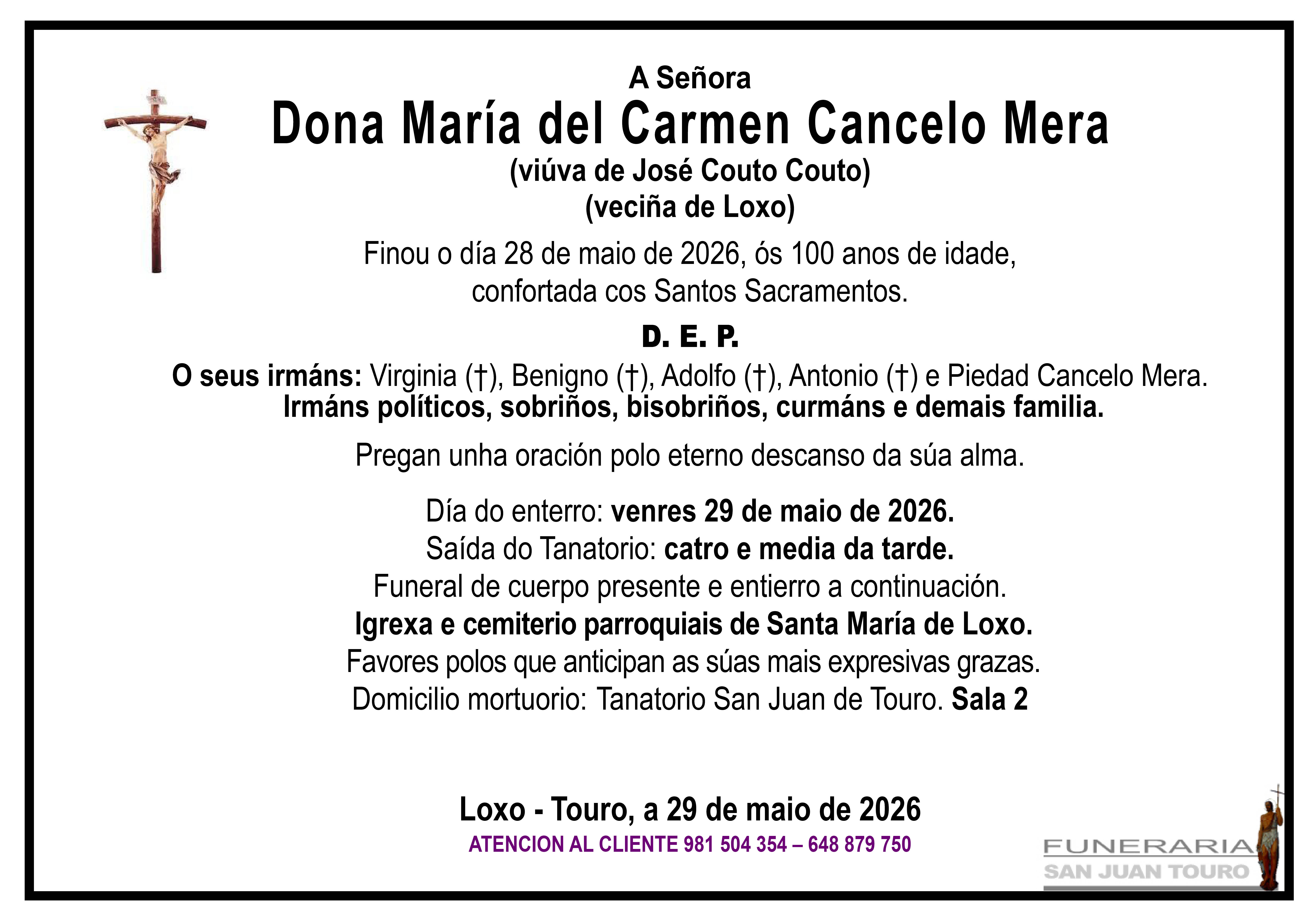 Esquela de SEPELIO DE DONA MARÍA DEL CARMEN CANCELO MERA