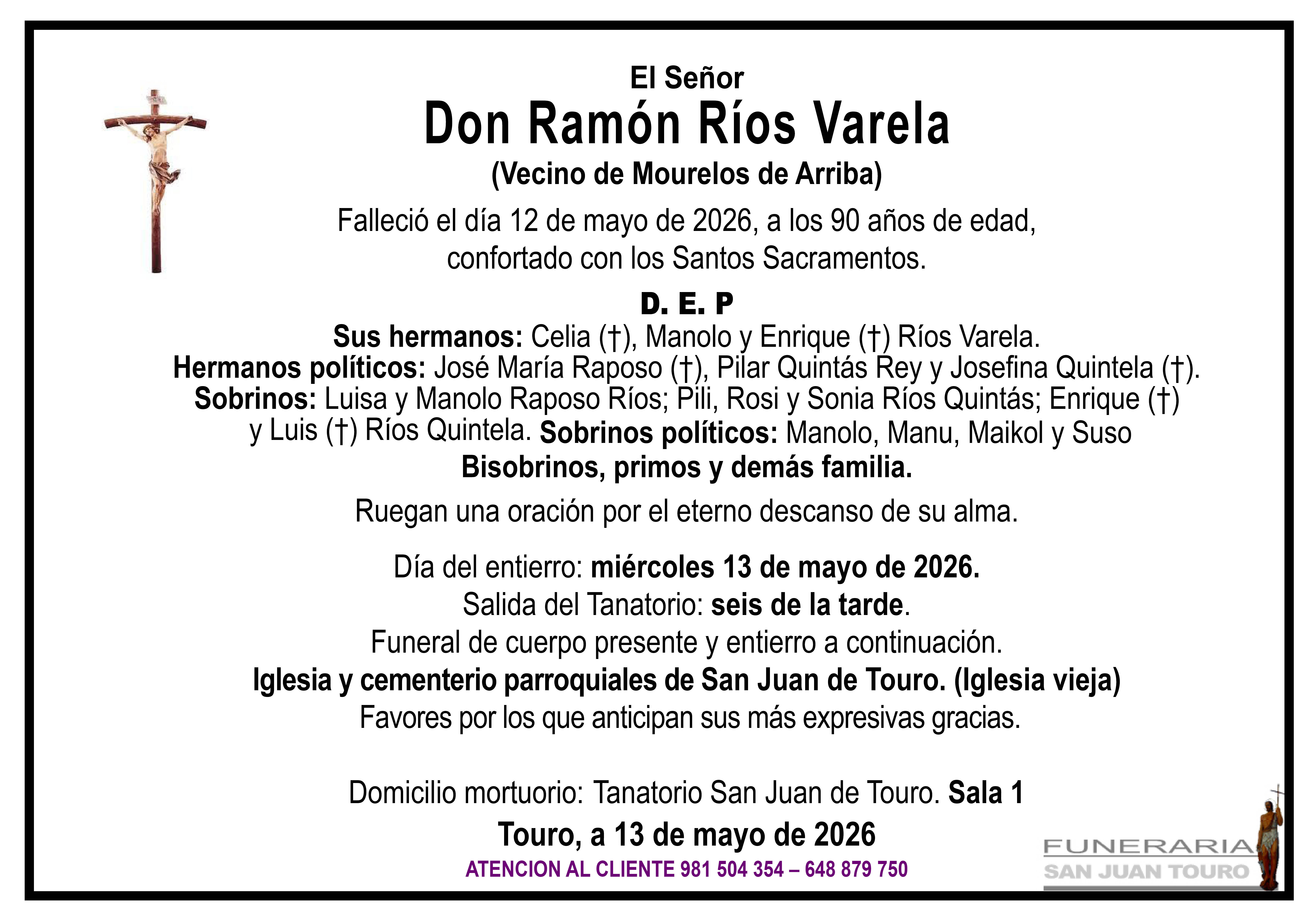 Esquela de SEPELIO DE DON RAMÓN RÍOS VARELA