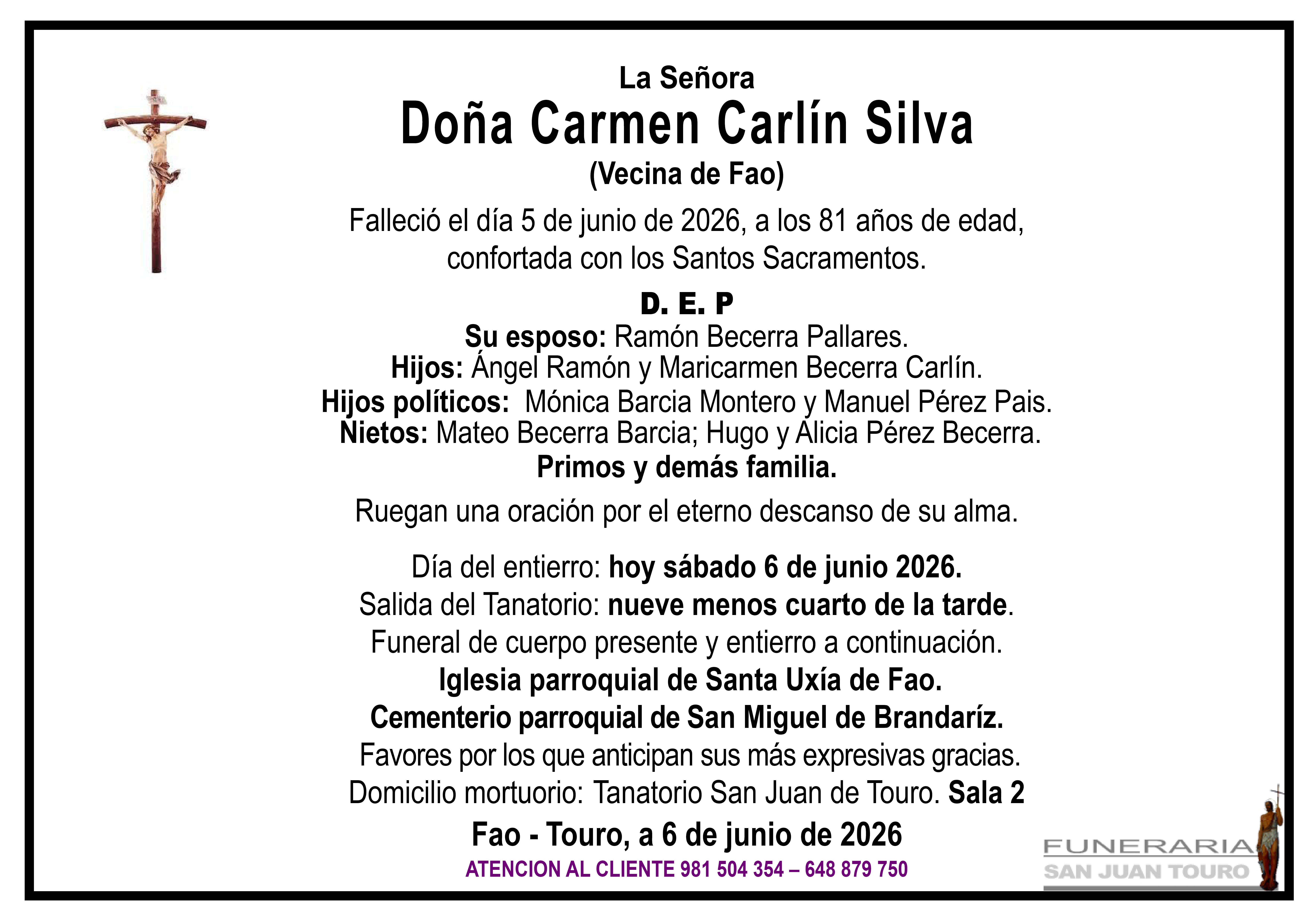 Esquela de SEPELIO DE DOÑA CARMEN CARLÍN SILVA
