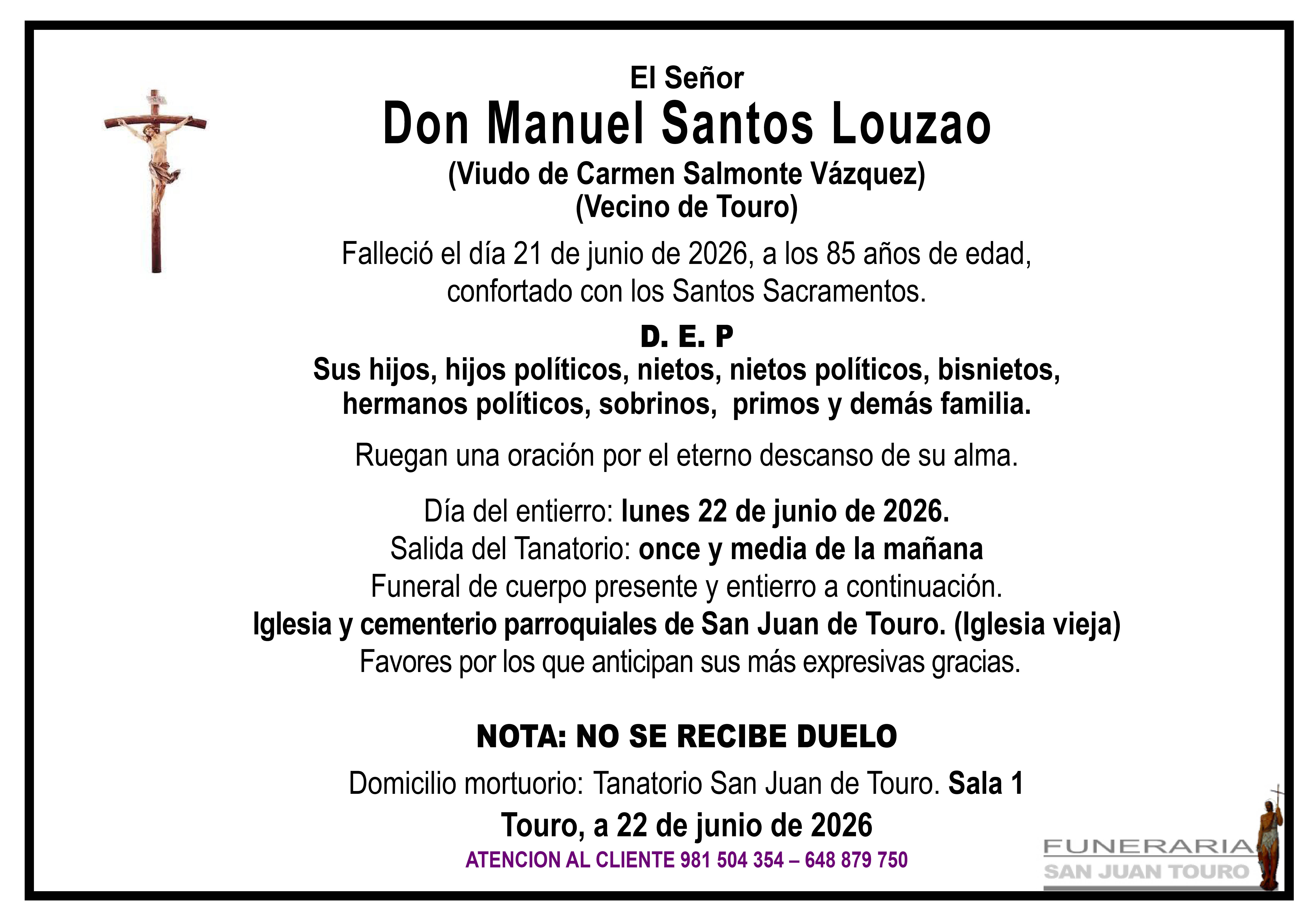 Esquela de SEPELIO DE DON MANUEL SANTOS LOUZAO