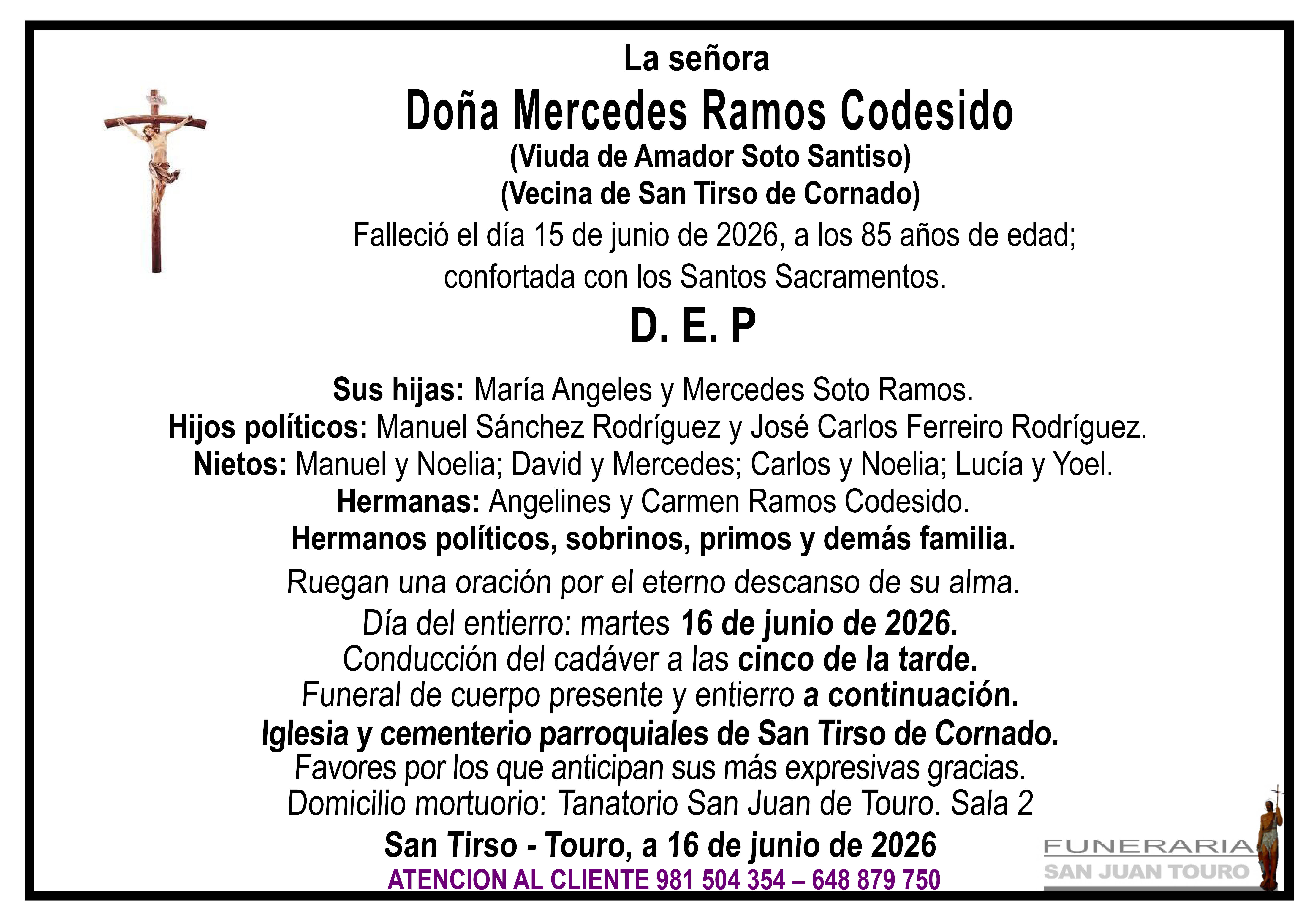 Esquela de SEPELIO DE DOÑA MERCEDES RAMOS CODESIDO