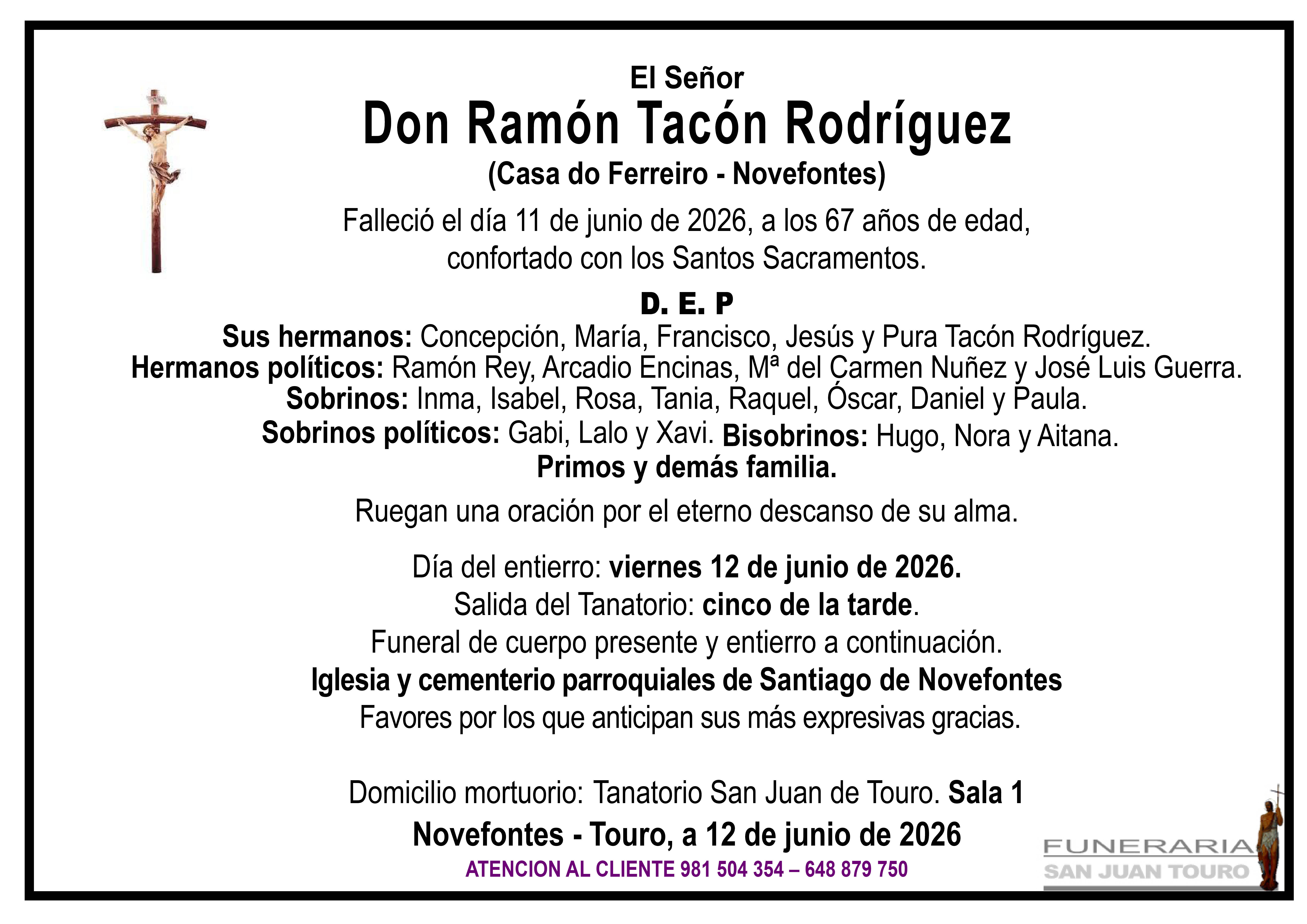 Esquela de SEPELIO DE DON RAMÓN TACÓN RODRÍGUEZ