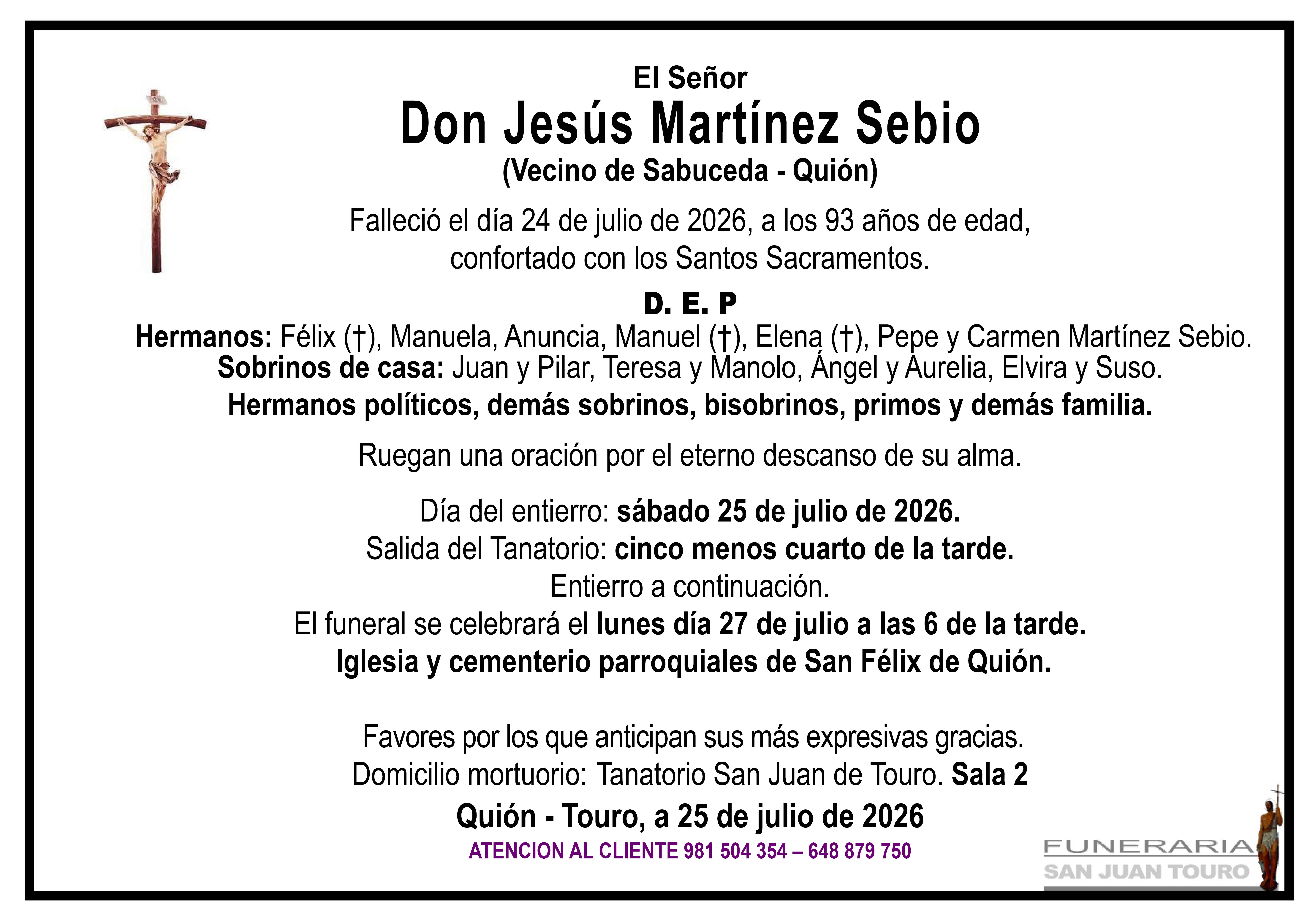 Esquela de SEPELIO DE DON JESÚS MARTÍNEZ SEBIO