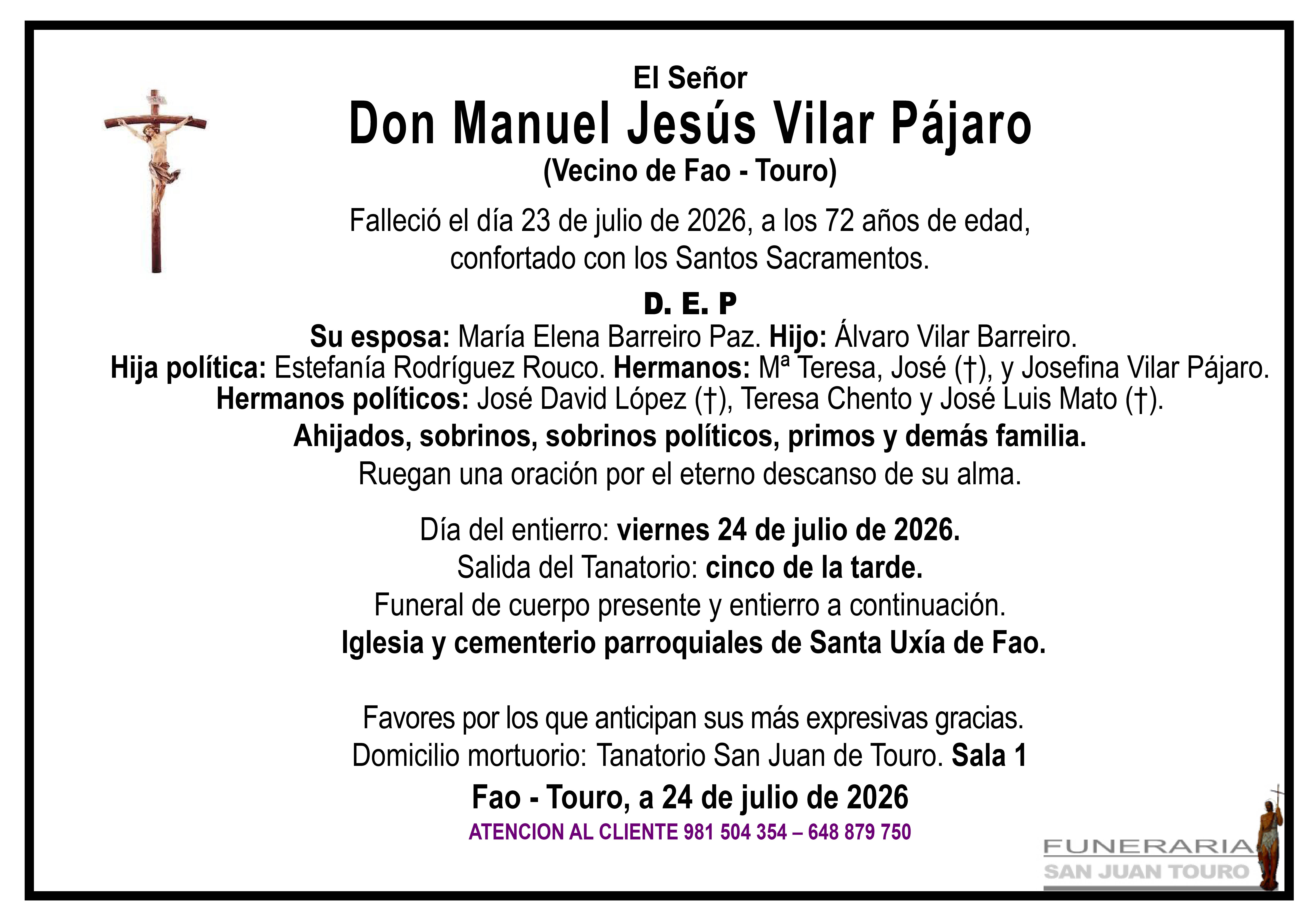 Esquela de SEPELIO DE DON MANUEL JESÚS VILAR PÁJARO