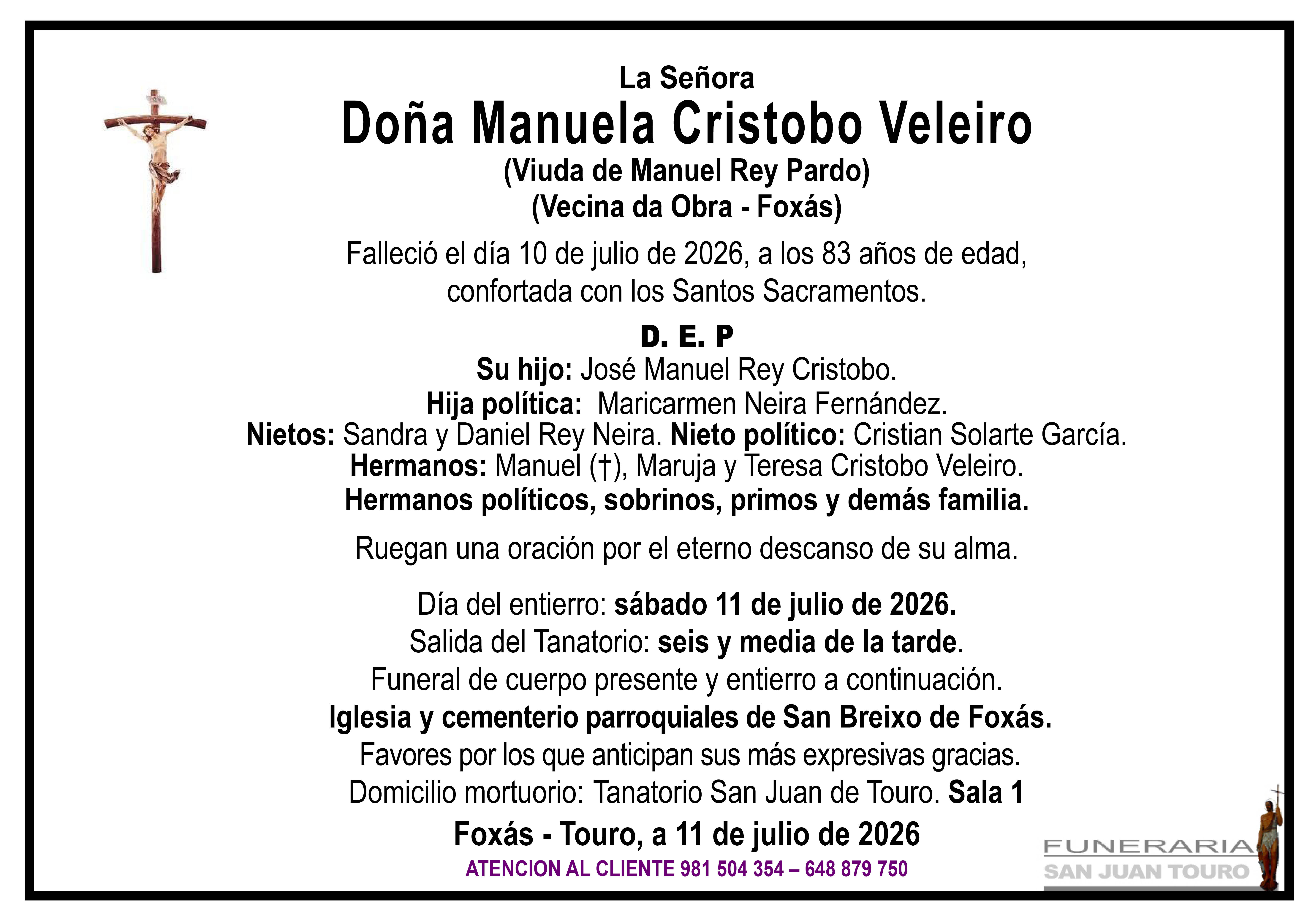 Esquela de SEPELIO DE DOÑA MANUELA CRISTOBO VELEIRO