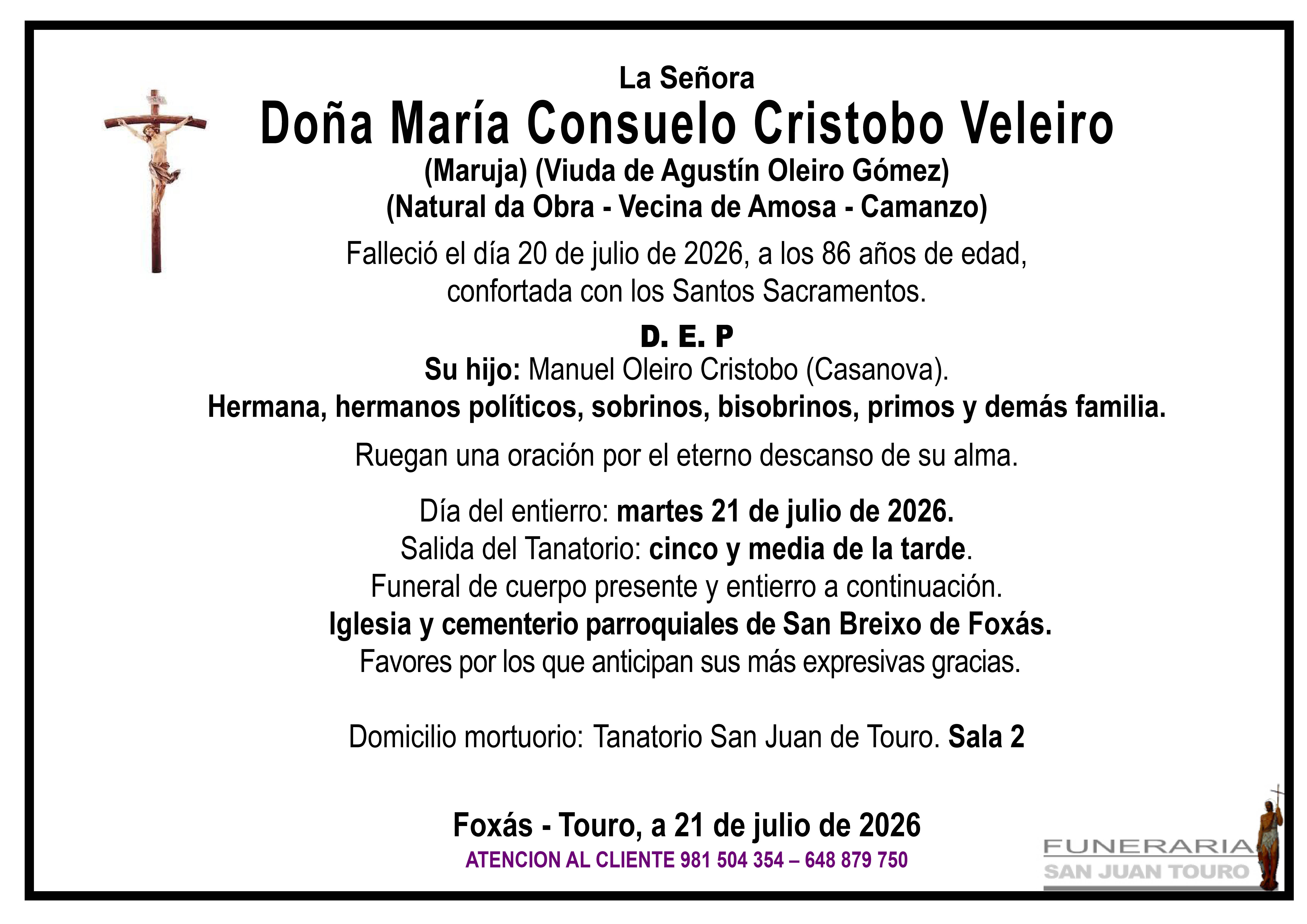 Esquela de SEPELIO DE DOÑA MARÍA CONSUELO CRISTOBO VELEIRO