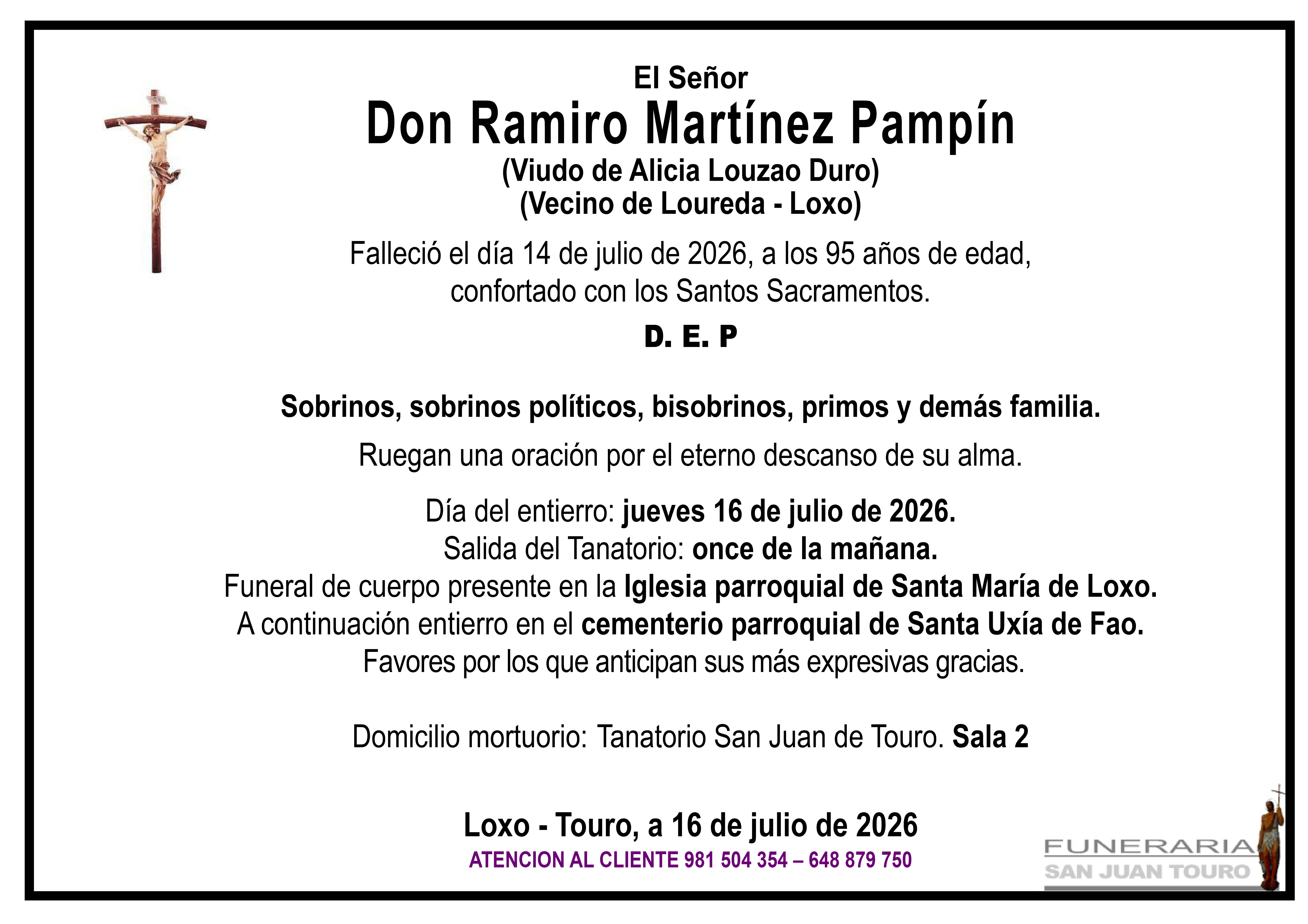 Esquela de SEPELIO DE DON RAMIRO MARTÍNEZ PAMPÍN