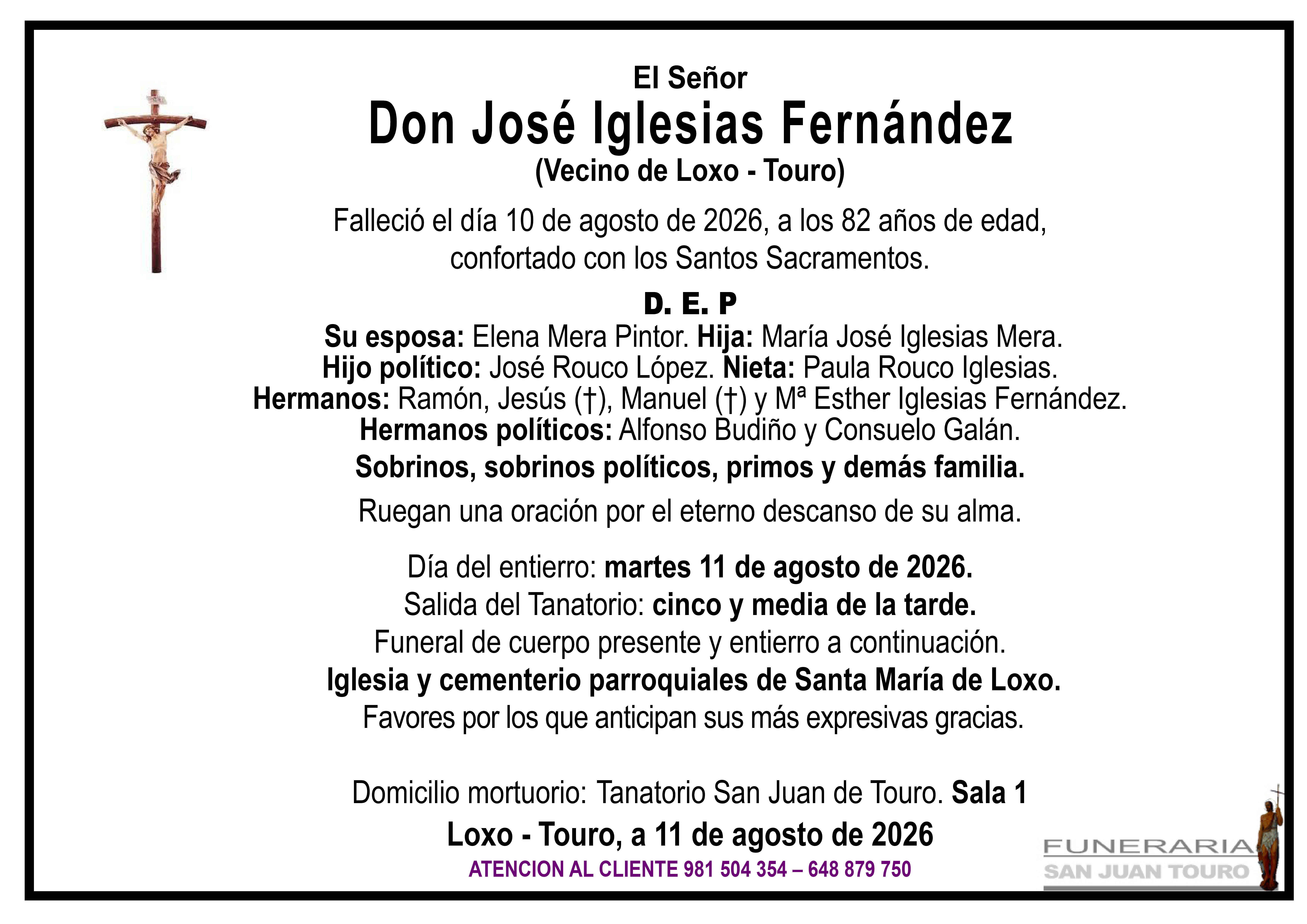 Esquela de SEPELIO DE DON JOSÉ IGLESIAS FERNÁNDEZ