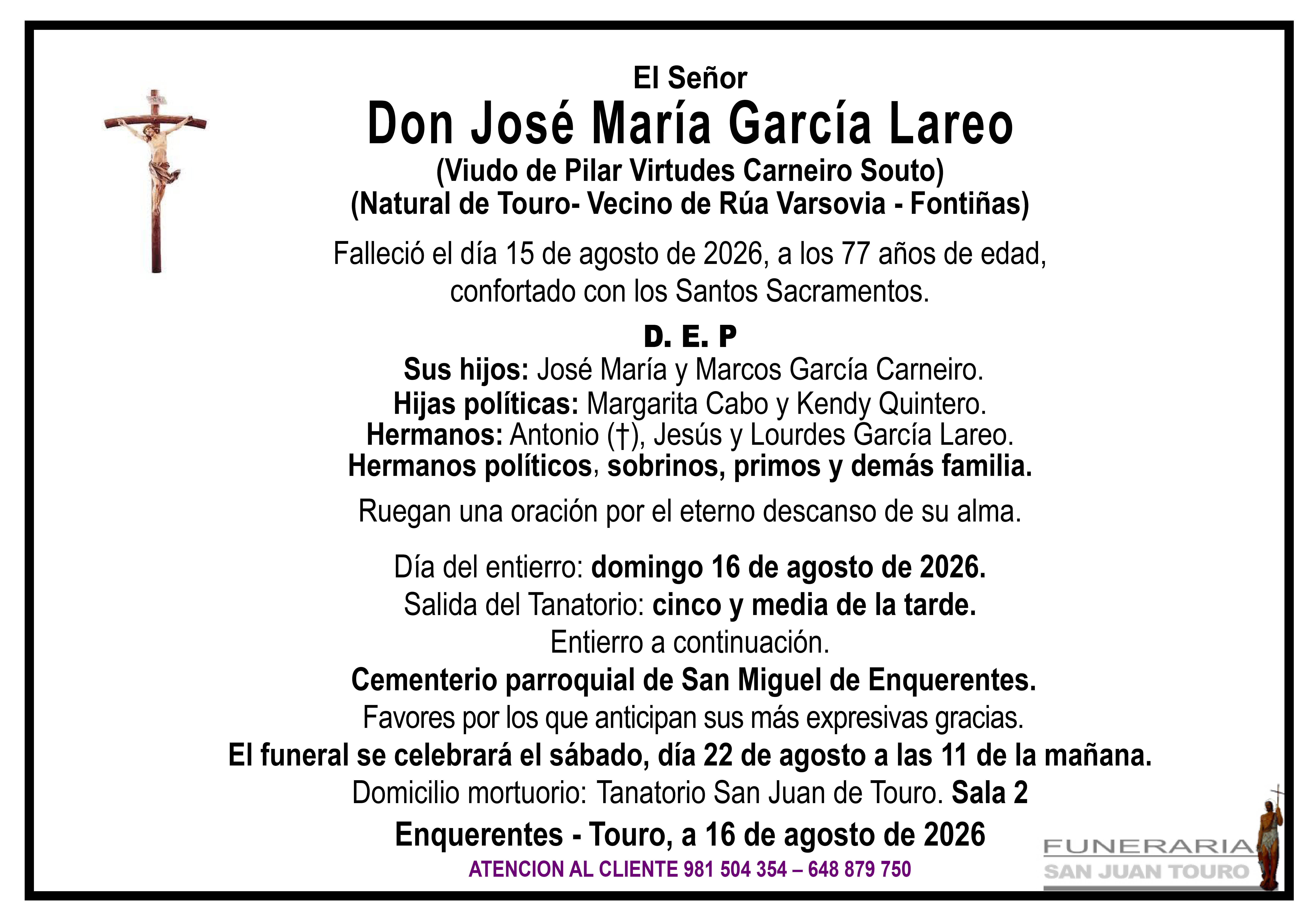 Esquela de SEPELIO DE DON JOSÉ MARÍA GARCÍA LAREO