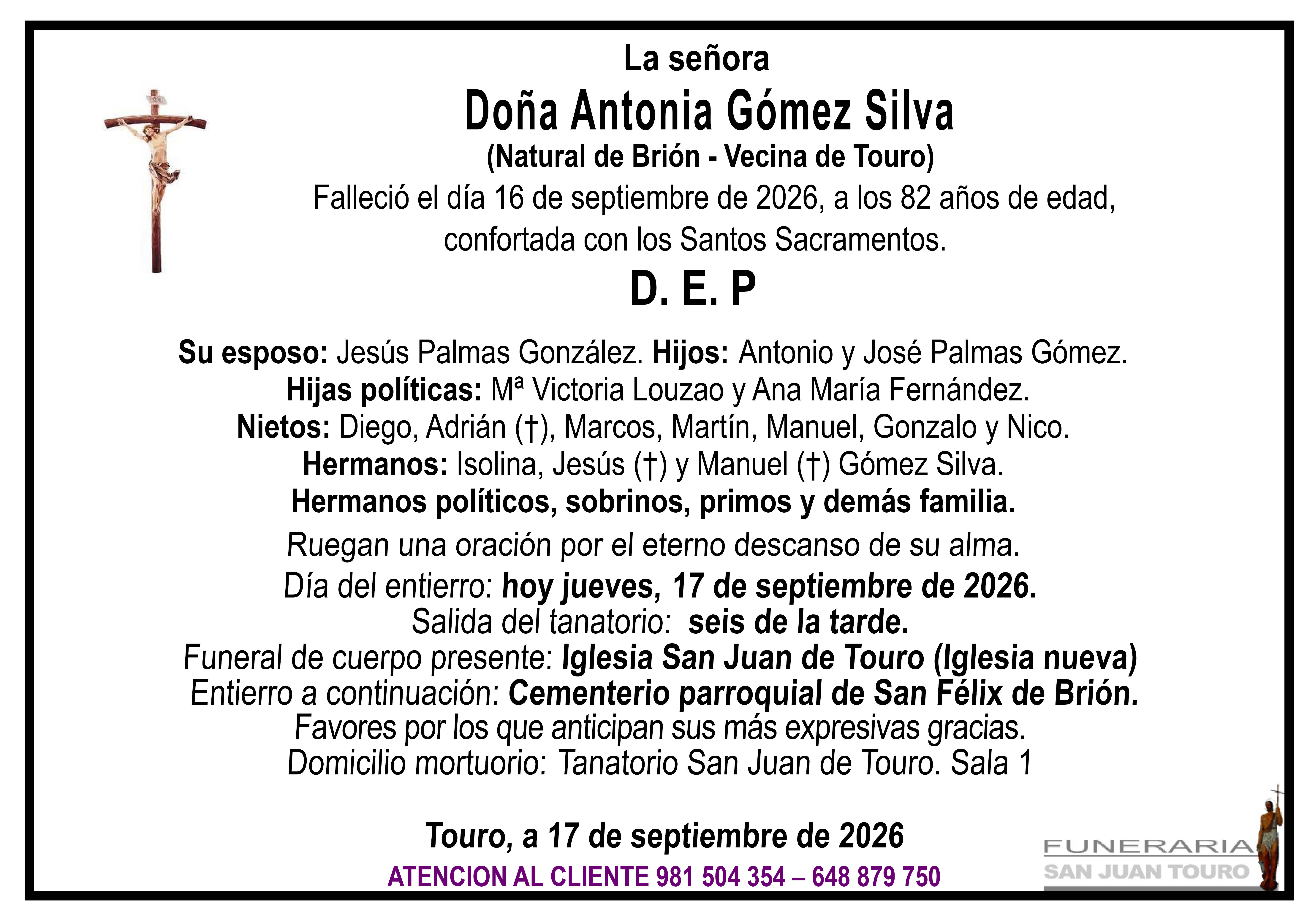 Esquela de SEPELIO DE DOÑA ANTONIA GÓMEZ SILVA