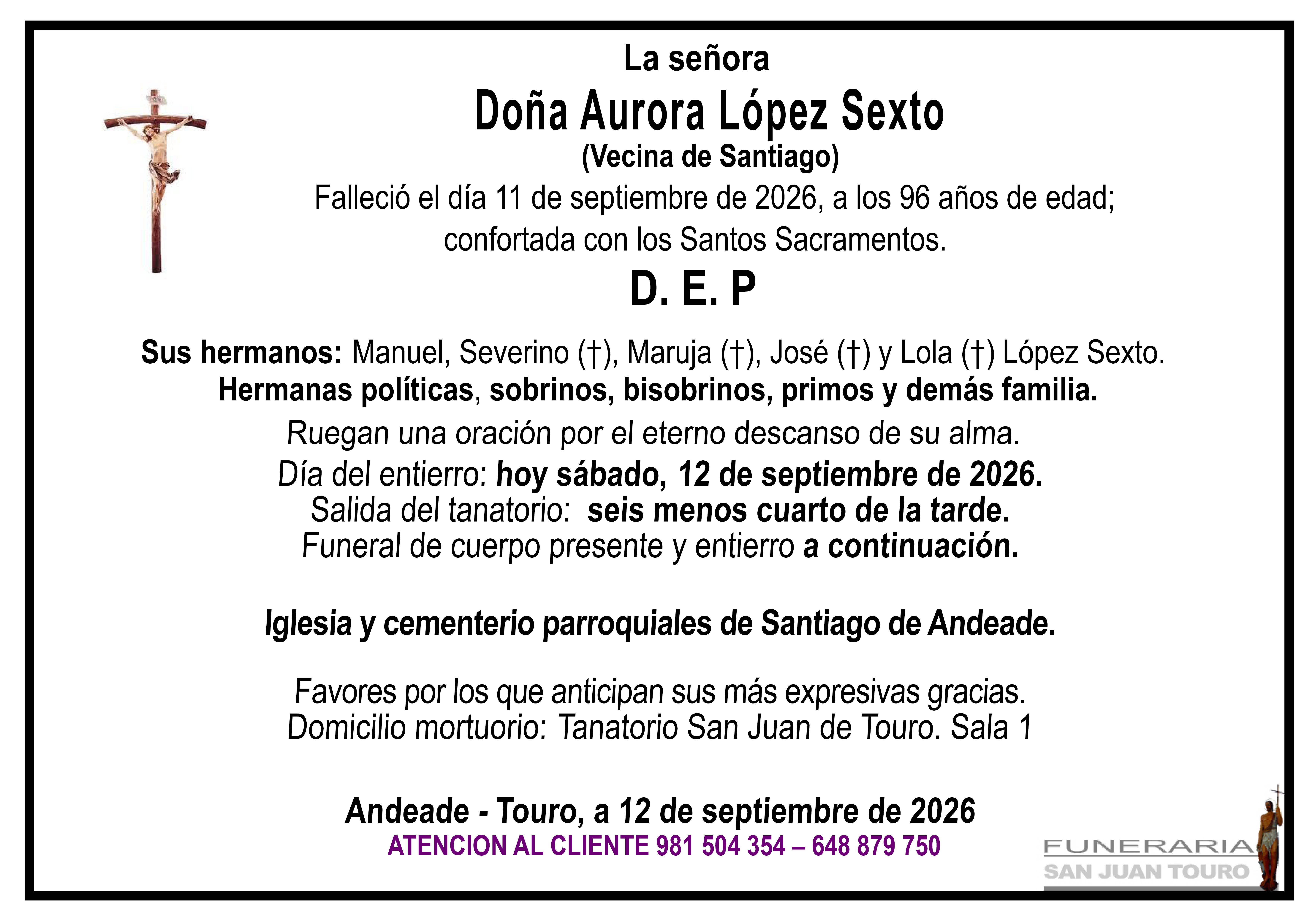 Esquela de SEPELIO DE DOÑA AURORA LÓPEZ SEXTO