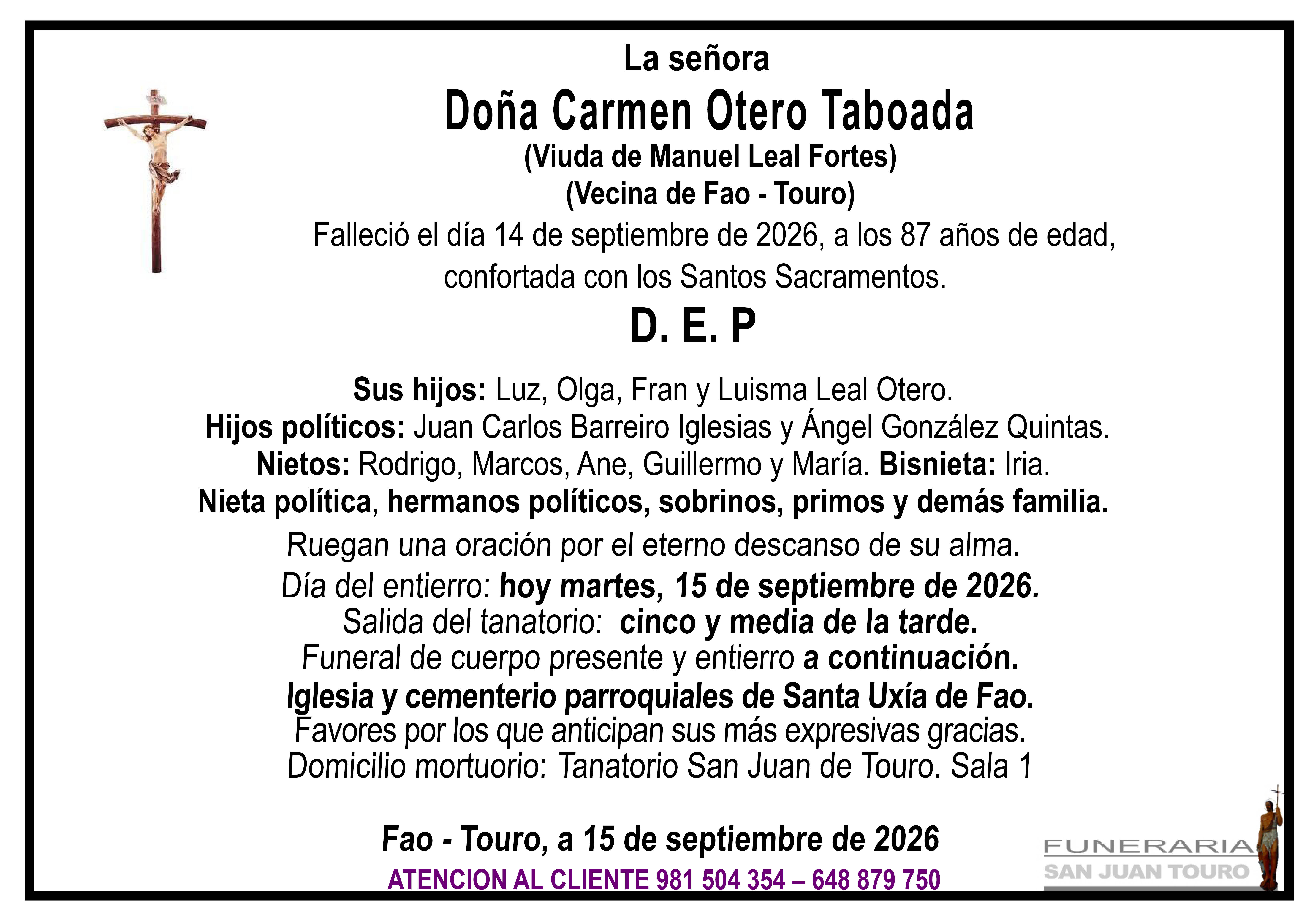 Esquela de SEPELIO DE DOÑA CARMEN OTERO TABOADA