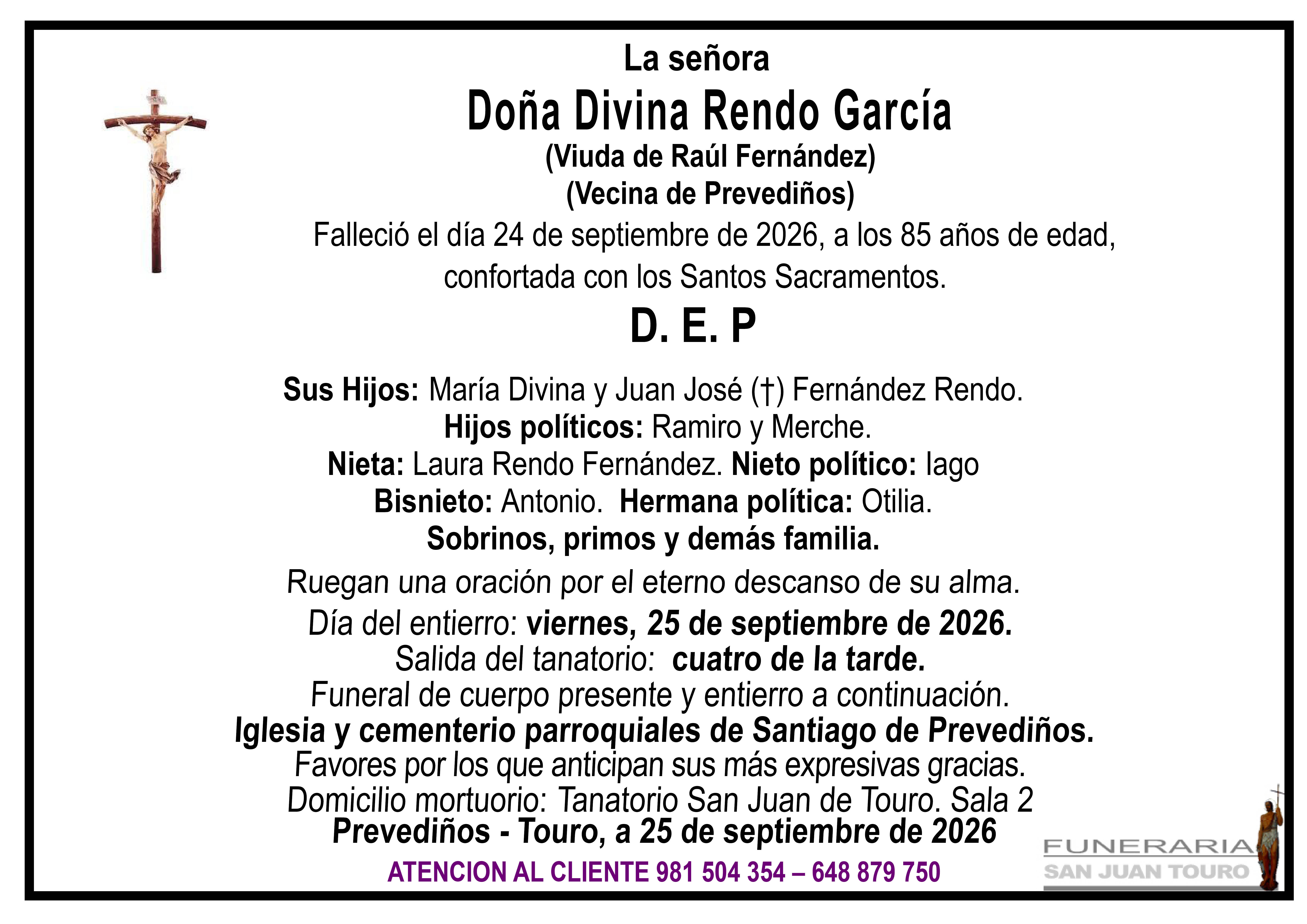 Esquela de SEPELIO DE DOÑA DIVINA RENDO GARCÍA