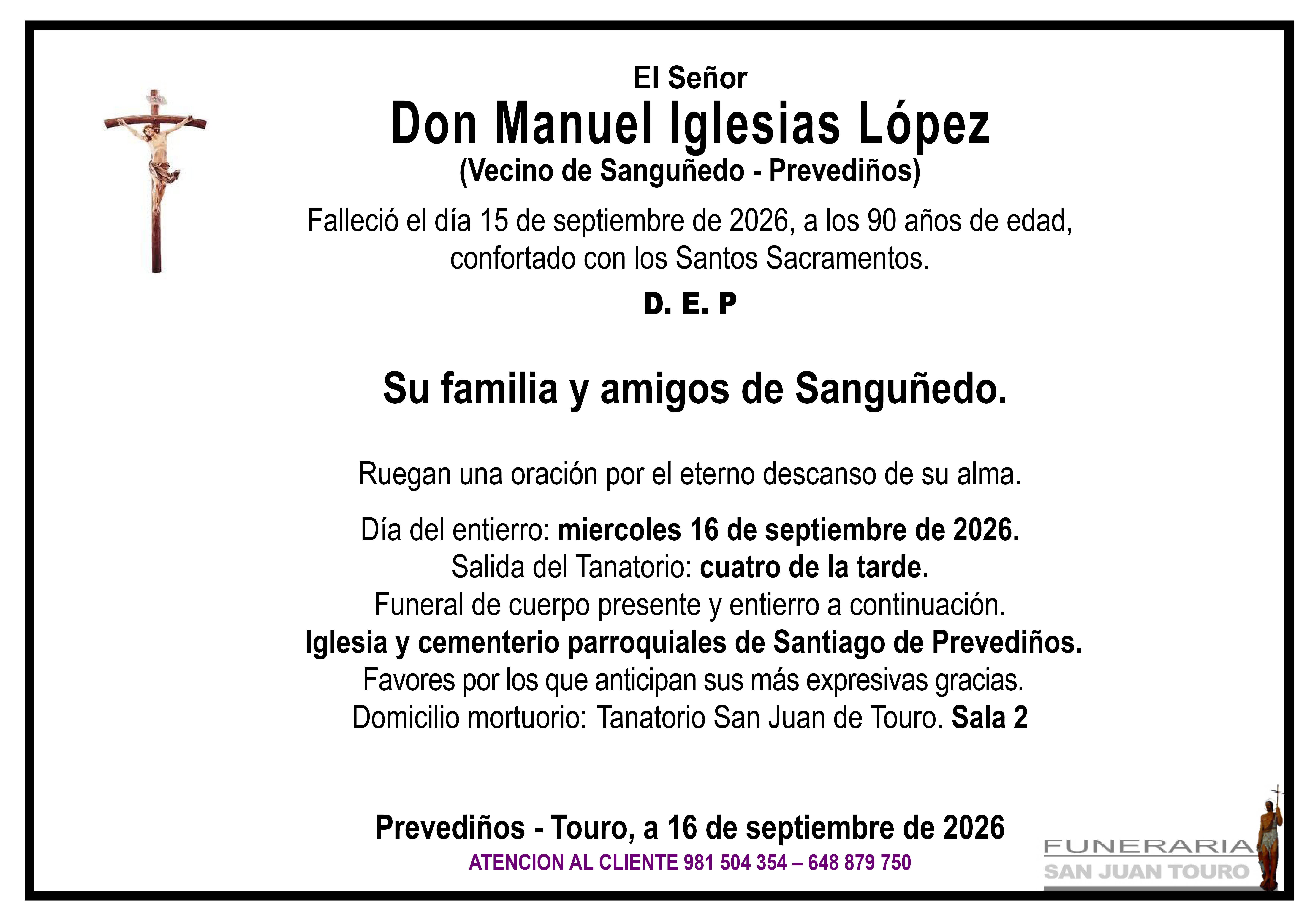 Esquela de SEPELIO  DE DON MANUEL IGLESIAS LÓPEZ