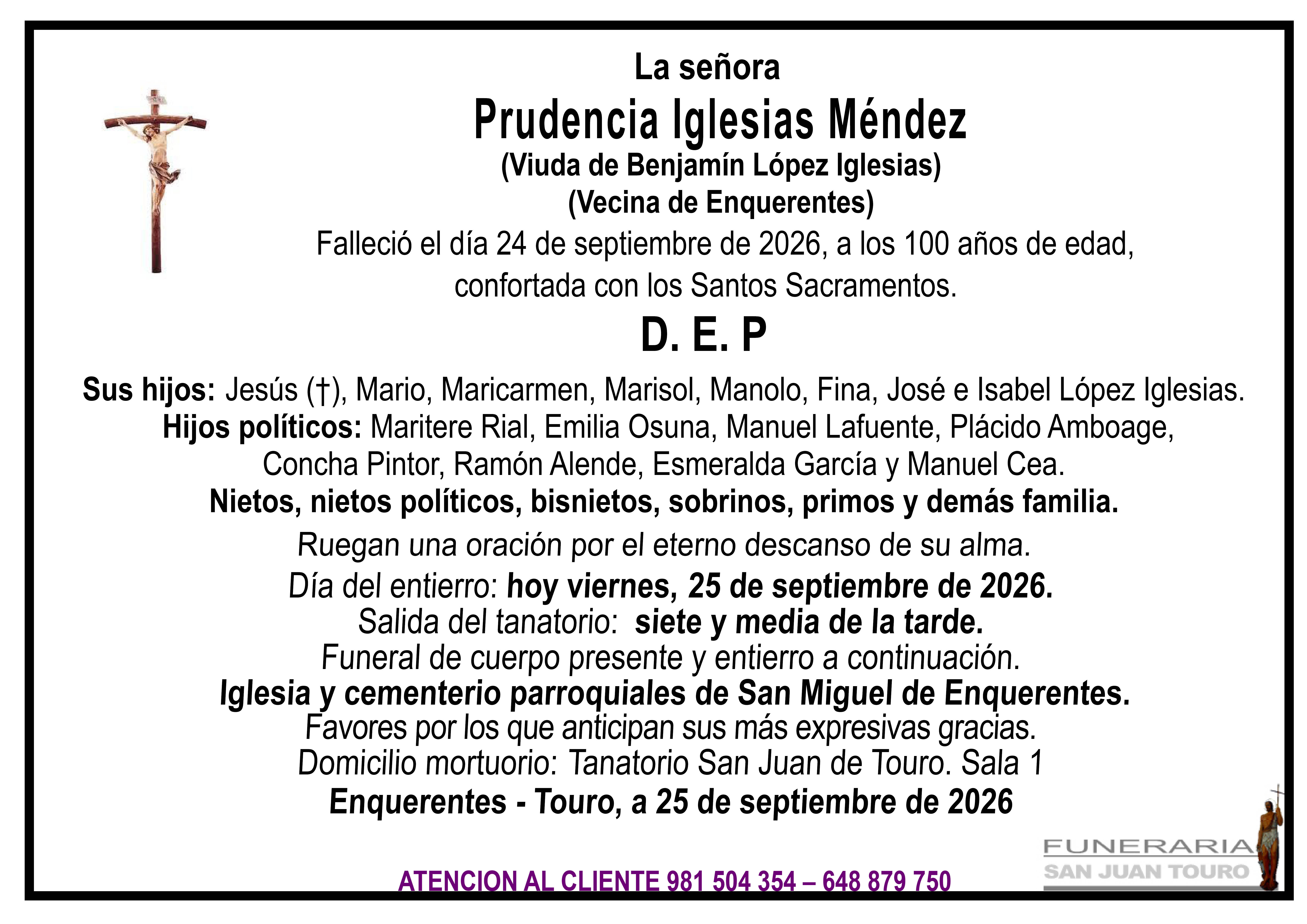 Esquela de SEPELIO DE DOÑA PRUDENCIA IGLESIAS MÉNDEZ