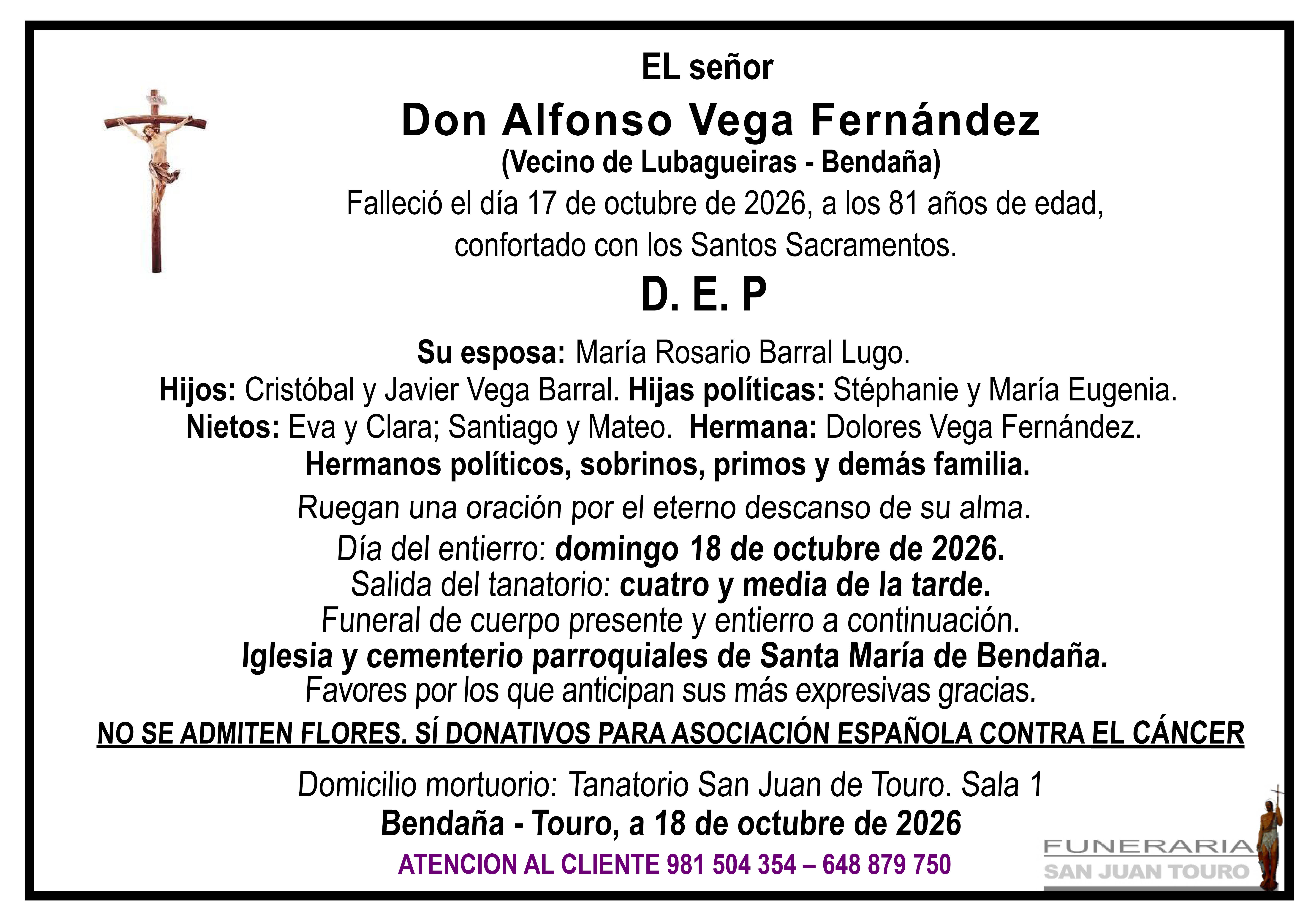 Esquela de SEPELIO DE DON ALFONSO VEGA FERNÁNDEZ