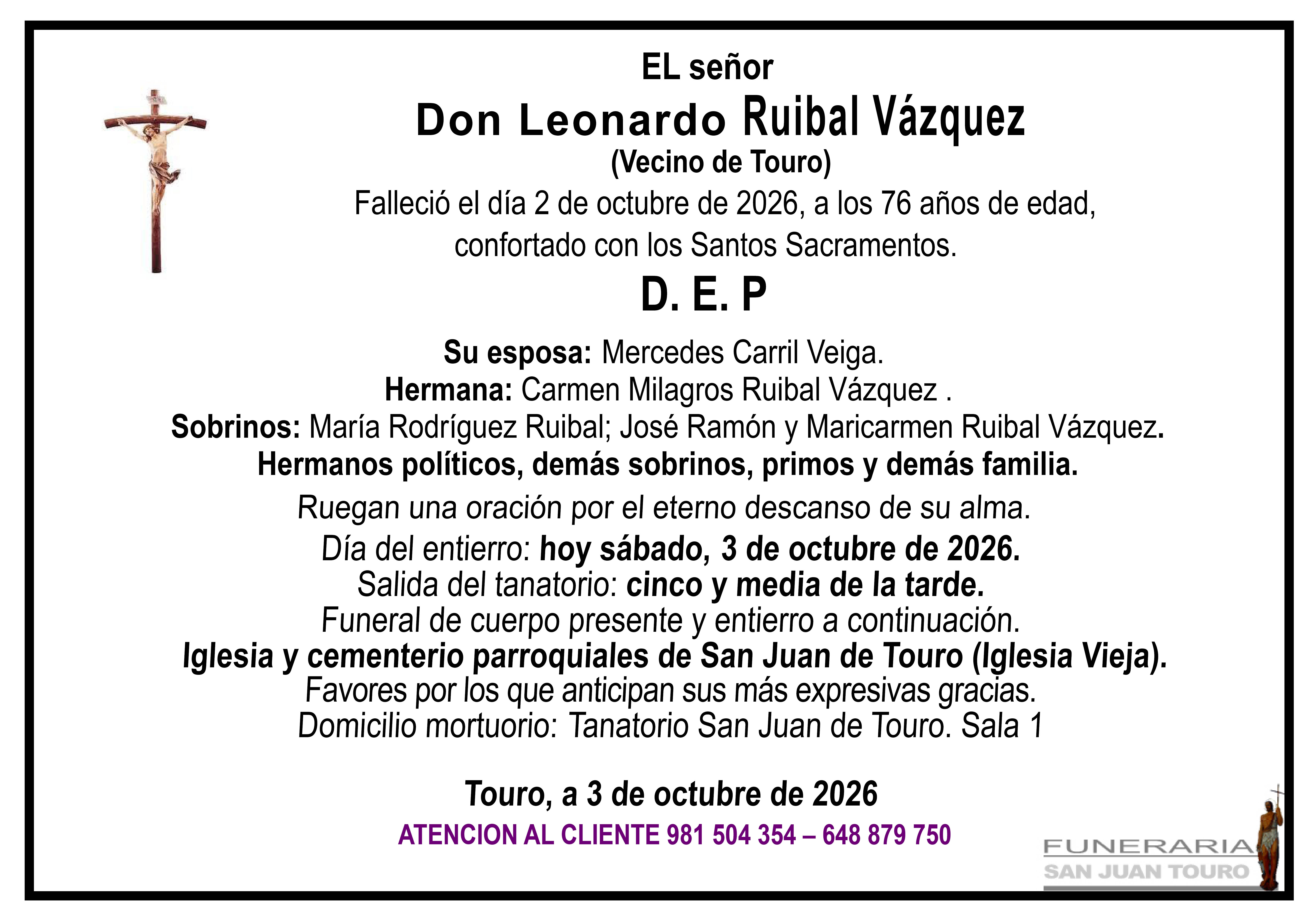 Esquela de SEPELIO DE DON LEONARDO RUIBAL VÁZQUEZ