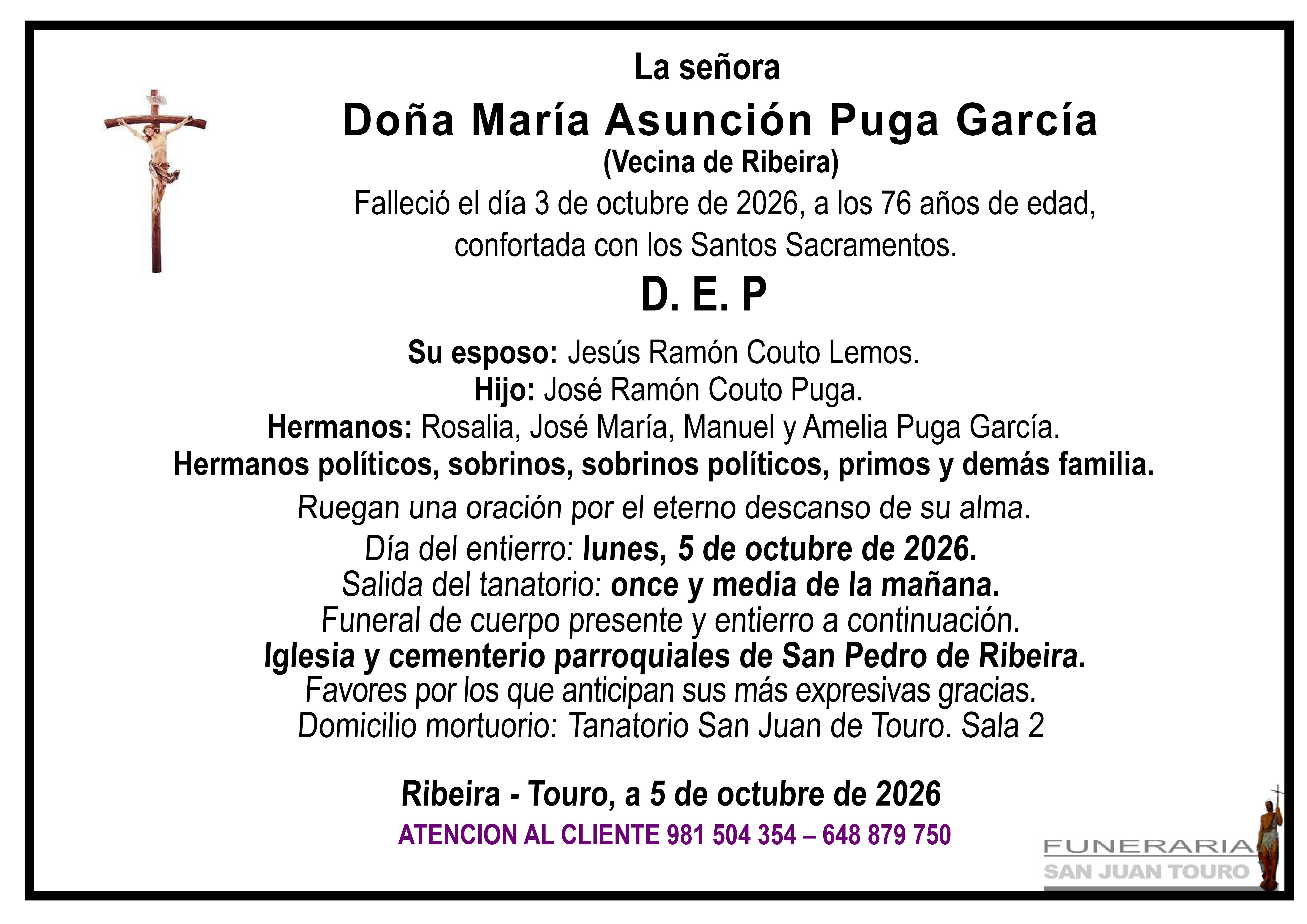 Esquela de SEPELIO DE DOÑA MARÍA ASUNCIÓN PUGA GARCÍA